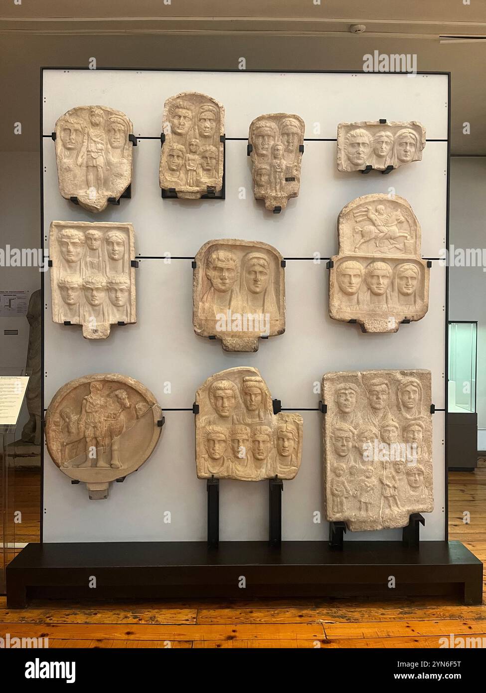 Marble sculptured grave stelae portraits from 3rd-4th Century on display at the Archaeological museum Sofia Bulgaria, Eastern Europe, Balkans, EU - Smartphone Captured Stock Image