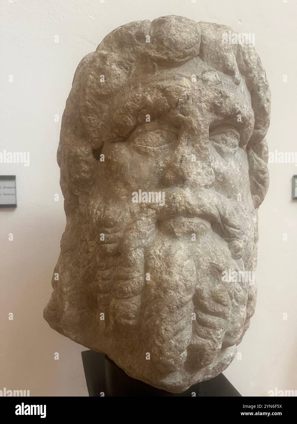 Zeus, marble head, marble statue, marble portrait, head sculpture, high relief, Ulpia Oescus, 2nd Century, Archaeological museum Sofia Bulgaria, EU - Smartphone Captured Stock Image