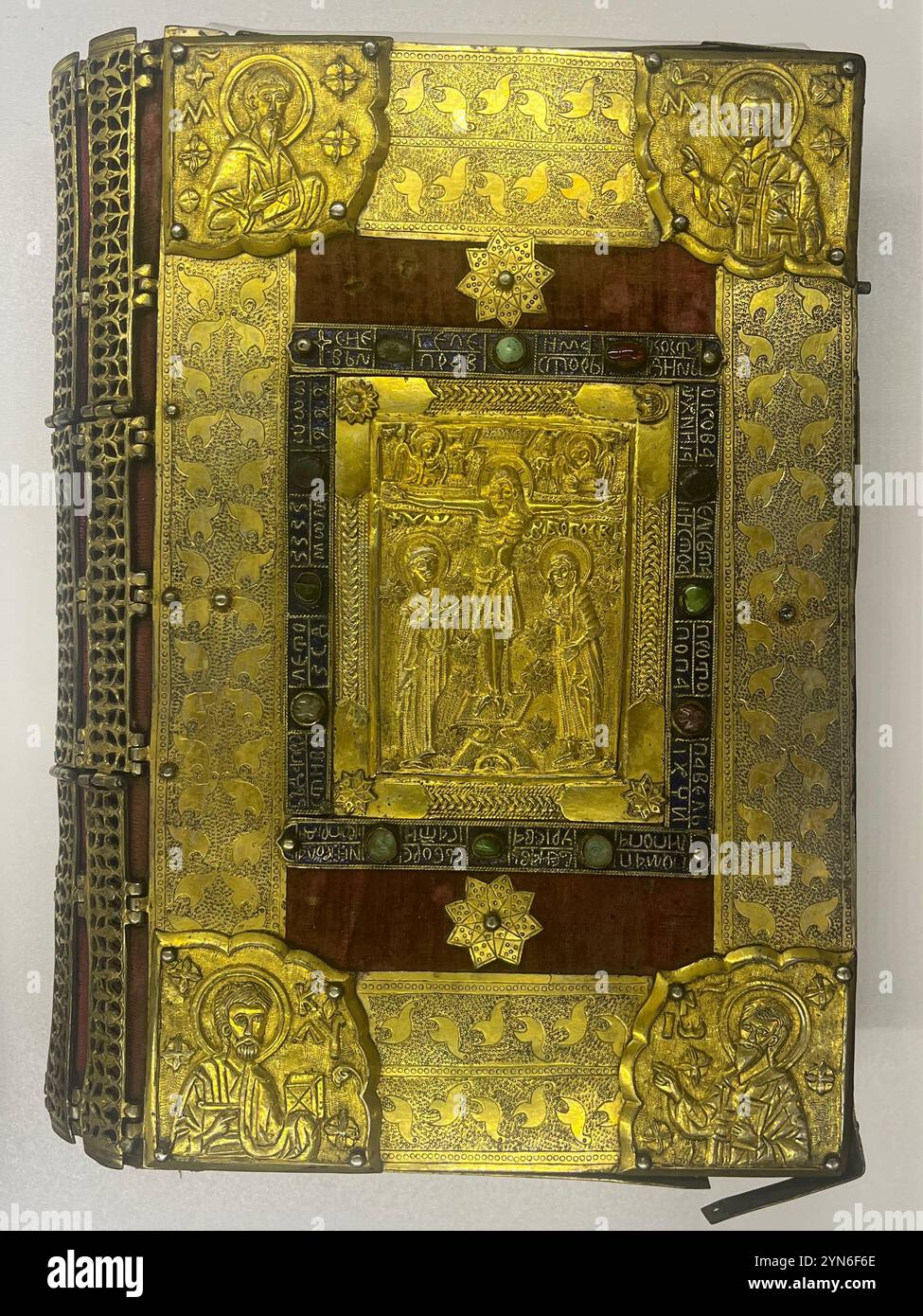 gospel cover, gilded gospel book, gilded-silver cover, Holy gospel, embroidered pouch, embossed, religious, Archaeological museum Sofia Bulgaria - Smartphone Captured Stock Image
