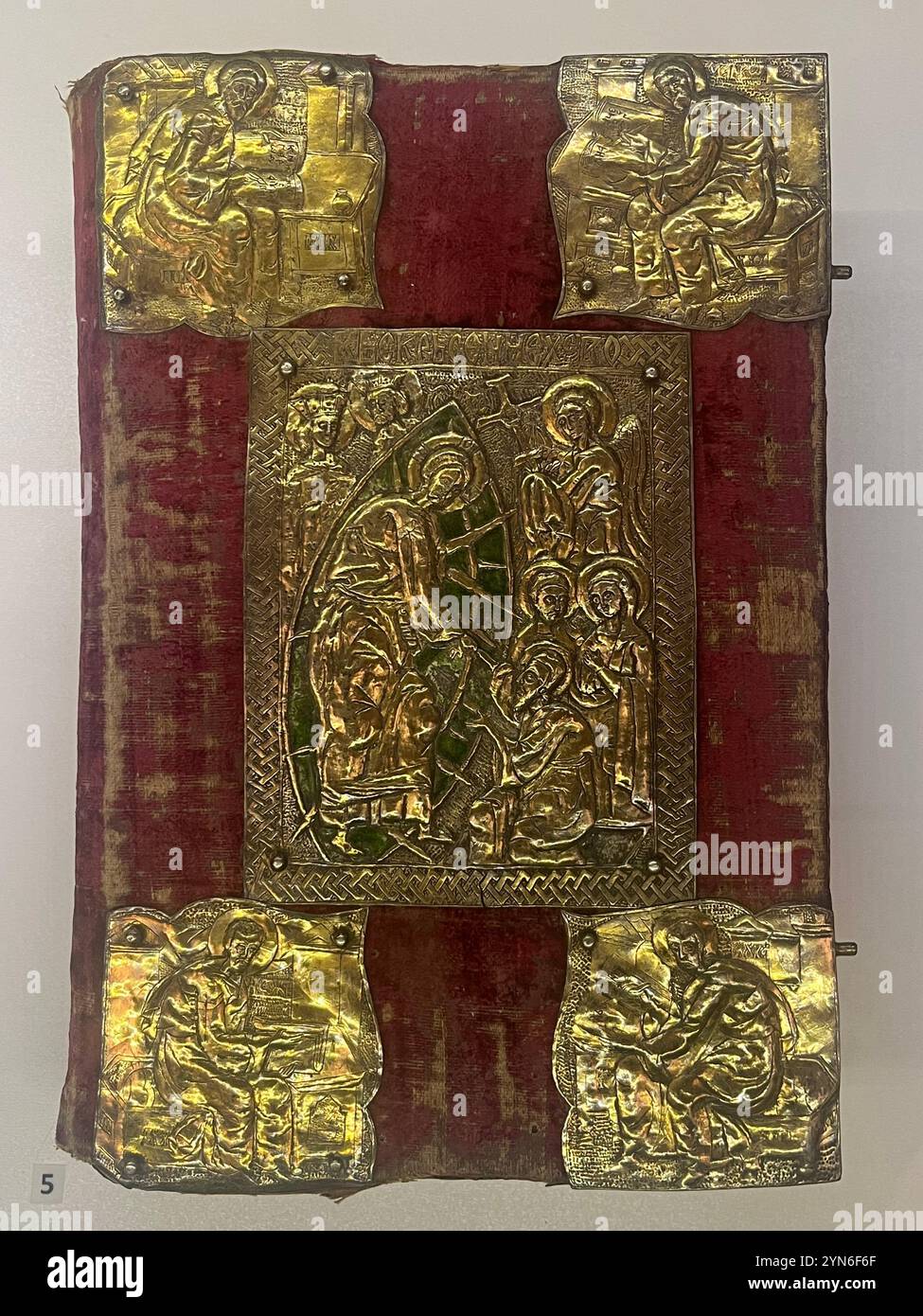 gospel cover, enamel, gilded-silver cover, embossed, gilded gospel book, embroidered pouch, Holy gospel, Archaeological museum Sofia Bulgaria, Balkans - Smartphone Captured Stock Image