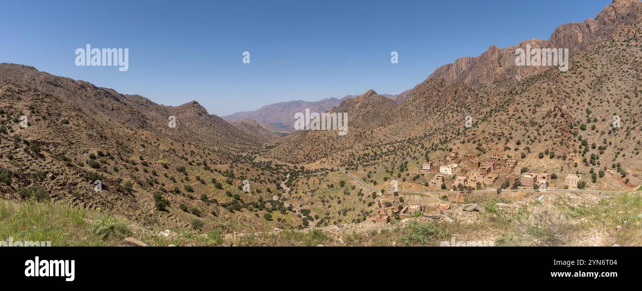 Great panoramic view of Ammeln valley in the Anti-Atlas mountains in spring, Morocco, Africa Stock Photo