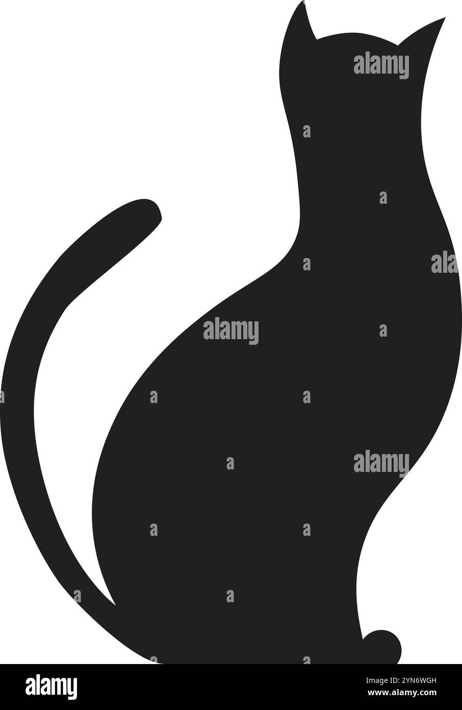 Minimalist vector illustration featuring a solid black silhouette of a cat sitting with its tail raised and its head tilted upwards, conveying Stock Vector