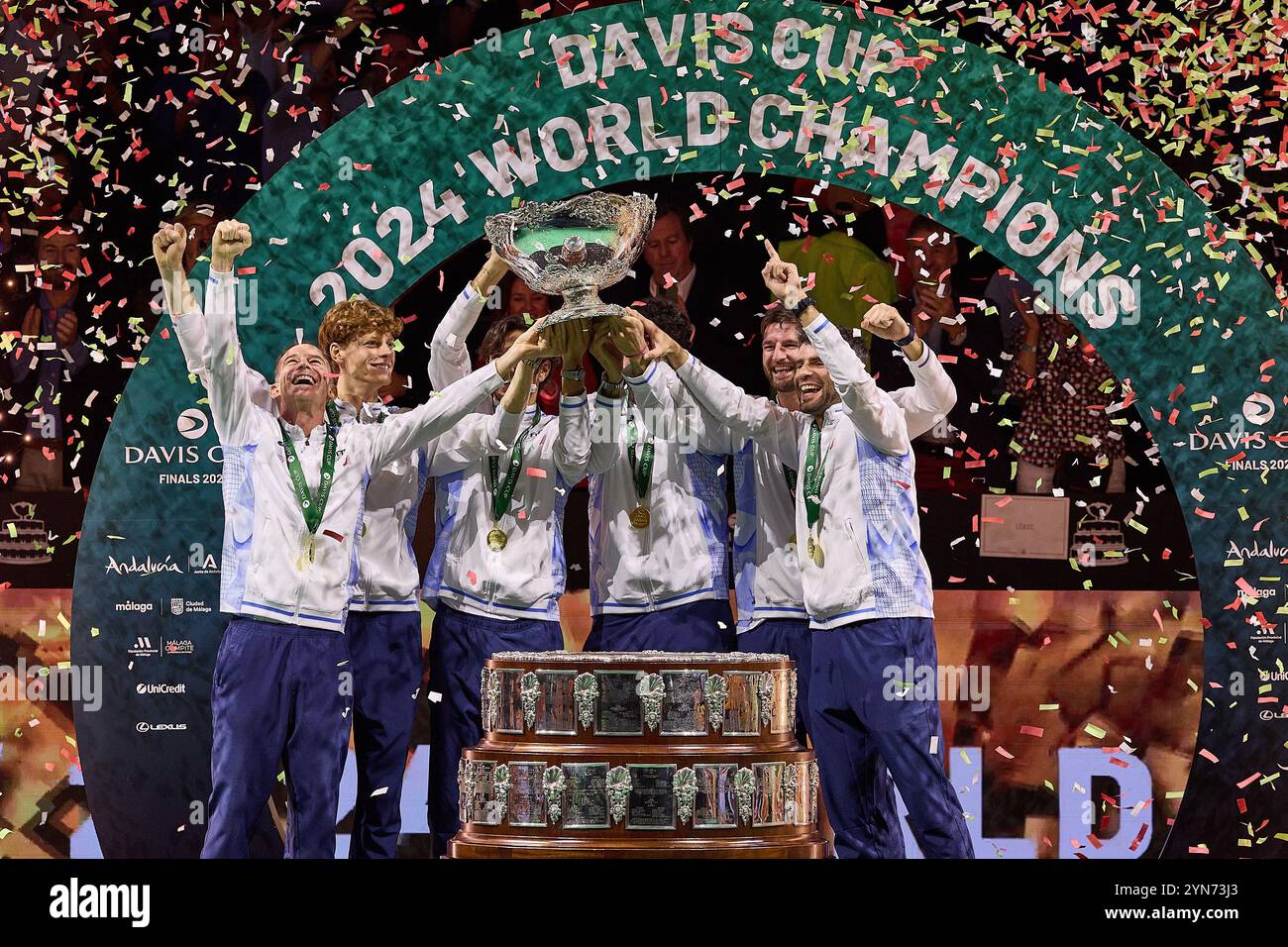 Malaga, Malaga, Spain. 24th Nov, 2024. Captain Filippo Volandri of Italy, Jannik Sinner of Italy, Lorenzo Musetti of Italy, Matteo Berrettini of Italy, Andrea Vavassori of Italy, Simone Bolelli of Italy, with the Cup, the trophy during the 2024 DAVIS CUP FINALS - Final 8 - Mens Tennis (Credit Image: © Mathias Schulz/ZUMA Press Wire) EDITORIAL USAGE ONLY! Not for Commercial USAGE! Credit: ZUMA Press, Inc./Alamy Live News Stock Photo