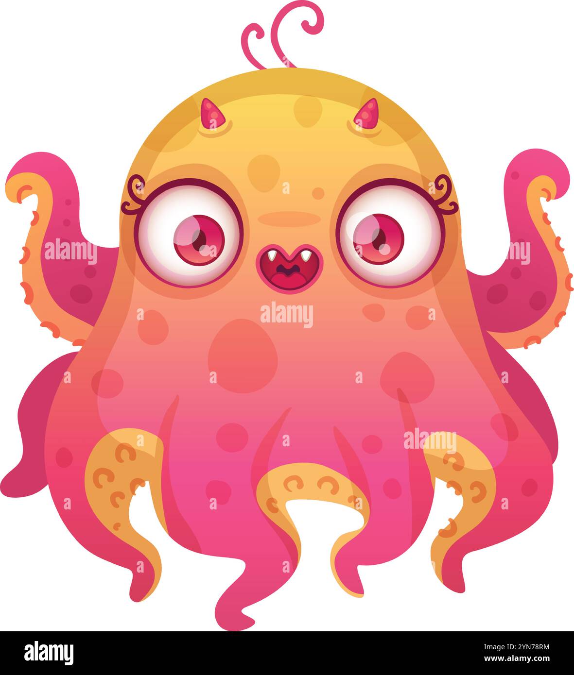 Cartoon octopus character smiling, showing big eyes, small horns, pink and yellow colors, ideal for children s illustrations, fantasy stories, games Stock Vector