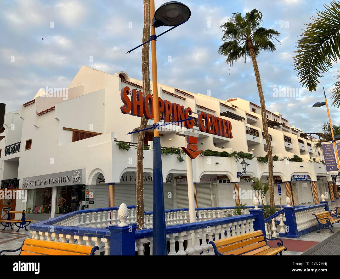 Parque Santiago Shopping Center and Apartments on the Golden Mile in Playa de las Américas. Arona, Tenerife, Canary Islands, Spain. 4th February 2023. - Smartphone Captured Stock Image