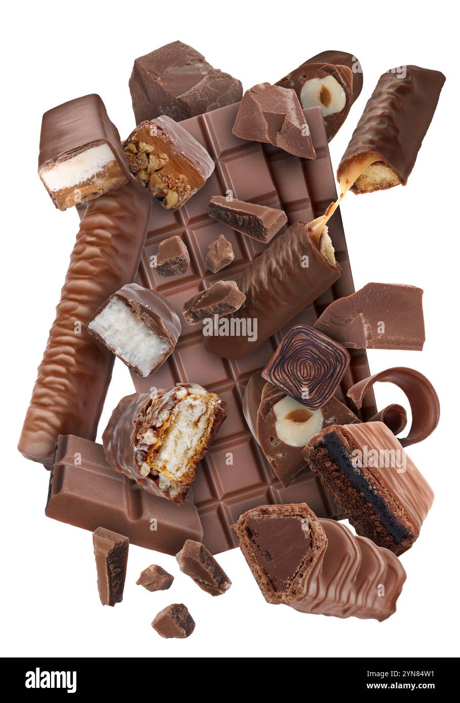 Different chocolate products in air on white background Stock Photo