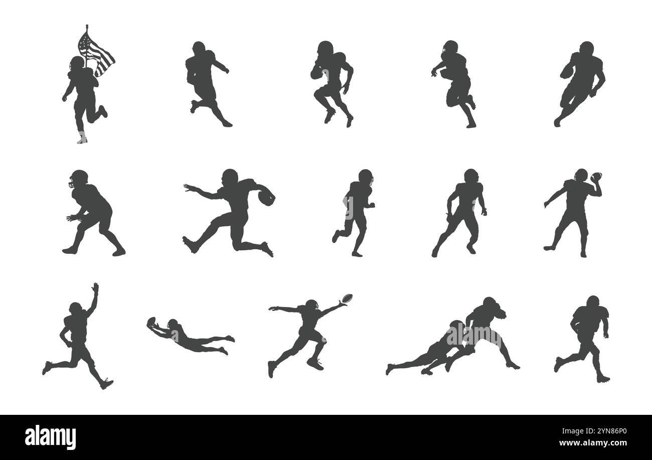 Football player's silhouettes, American football player vectors, American football players silhouette, Sports player vectors Stock Vector