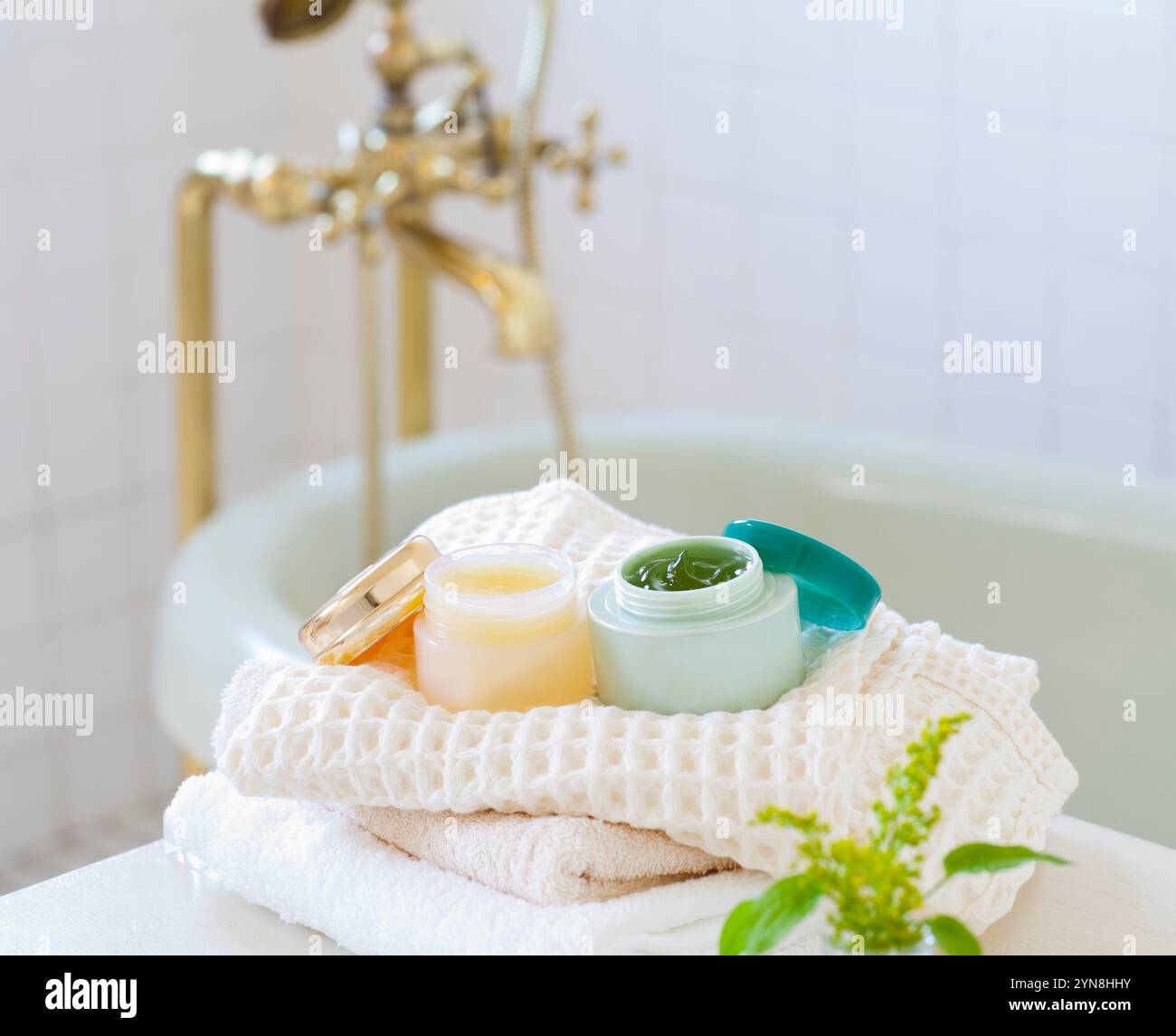 Skin care cream in bathroom Stock Photo