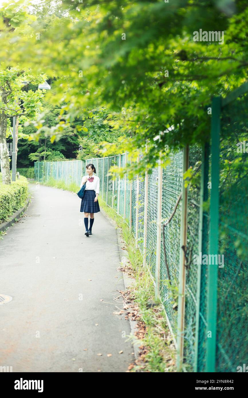 High school girls in uniform walking on the road Stock Photo - Alamy