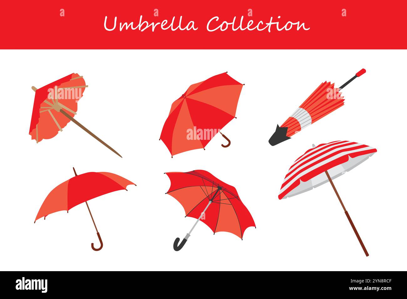 umbrella collection in different poses. Vector illustration. Stock Vector