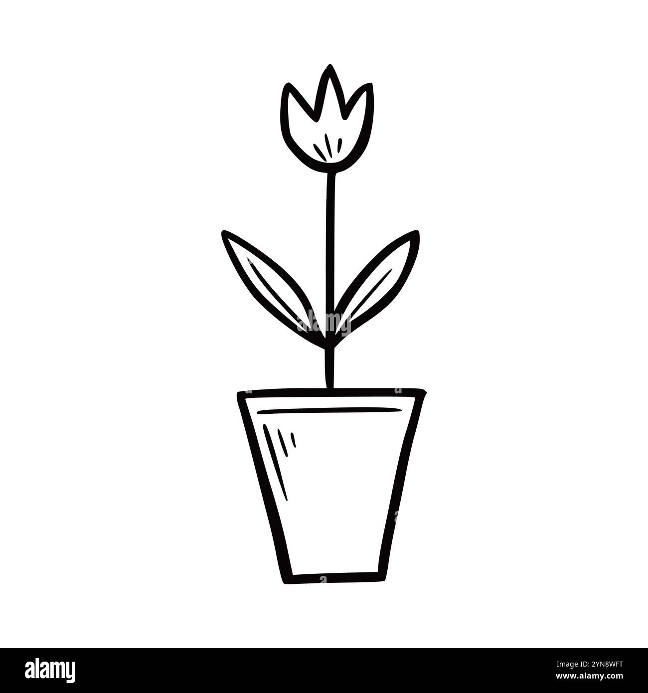 Hand drawn flower plant with pot. Doodle sketch style. Drawing line simple flower pot icon. Isolated vector illustration. Stock Vector