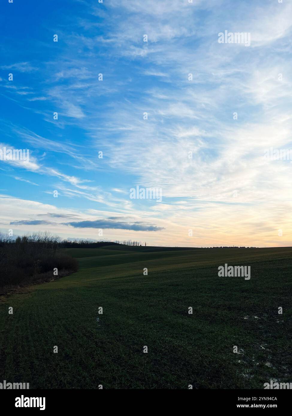 A serene landscape showcasing lush green fields beneath a vibrant ...