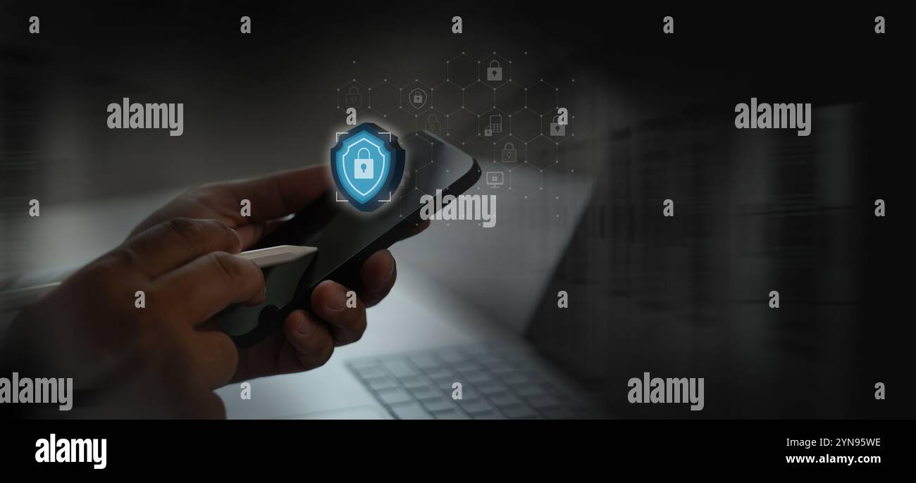 data security businessman using online computer password privacy data security on display at office Stock Photo