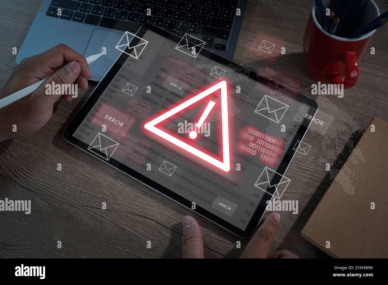 Email security warning notification cybersecurity mail Spam virus on message alert Stock Photo