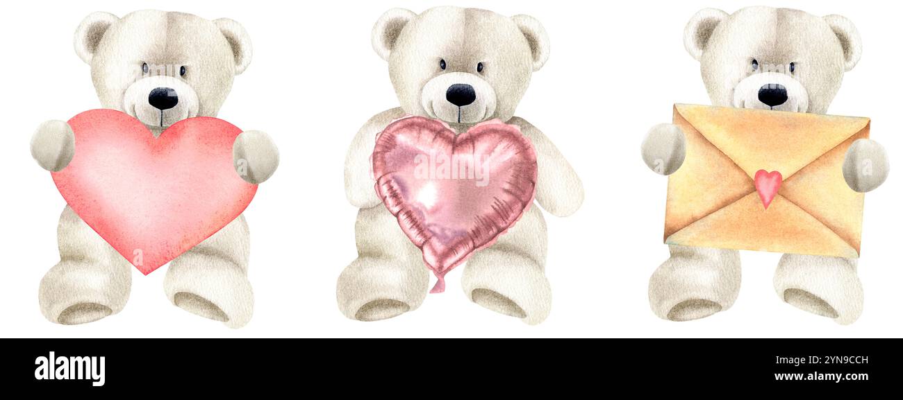 Set of white stuffed teddy bears with red paper heart, heart shape ...
