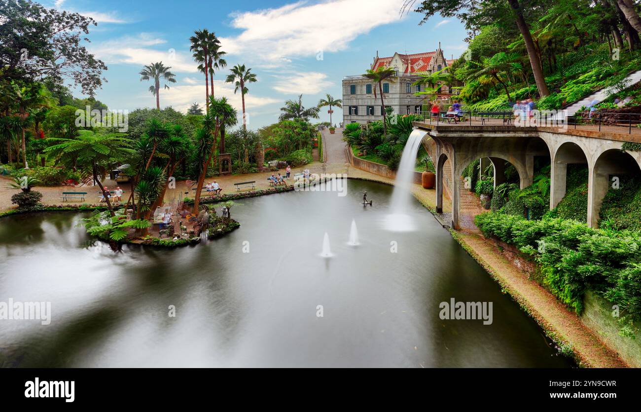 Fountain and artificial waterfall in the Monte Palace tropical garden located in Funchal, Madeira island, Portugal. Long exposure. Stock Photo
