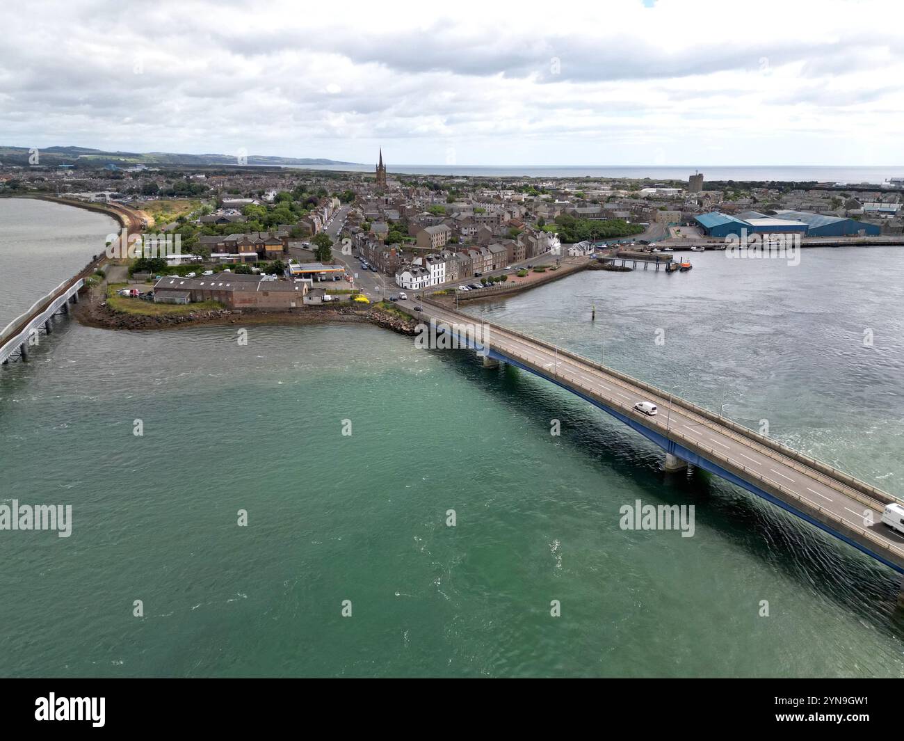 Aerial drone view of the Scottish town of Montrose and the River SOuth Esk, Scotland, June 2024 Stock Photo