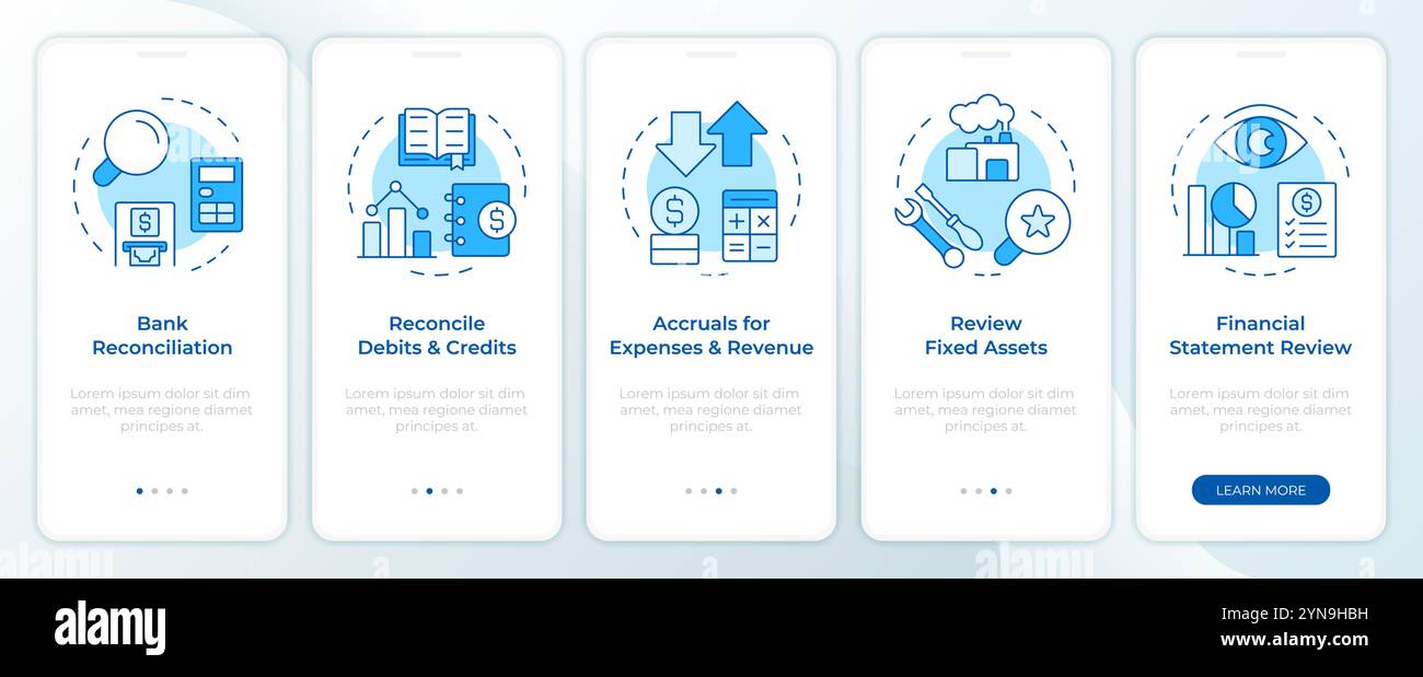 MonthEnd close task list blue onboarding mobile app screen Stock Vector