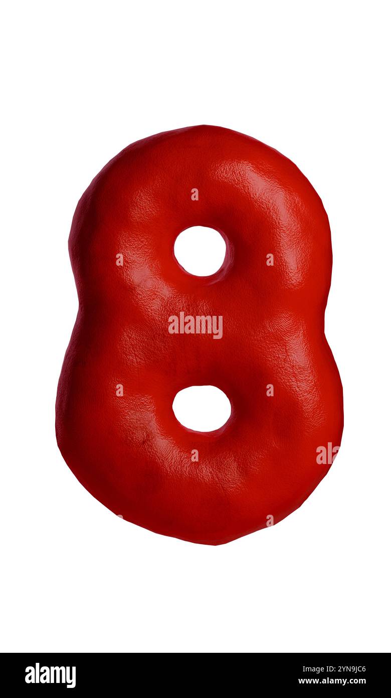 3D red number eight with realistic clay texture, mimicking handcrafted plasticine design. Digit 8 Isolated on white background, ideal for creative Stock Photo