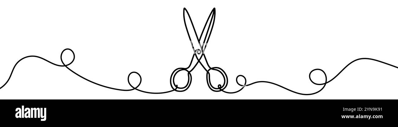 Minimalist vector illustration representing a pair of scissors, using a single continuous line. Vector illustration. Stock Vector
