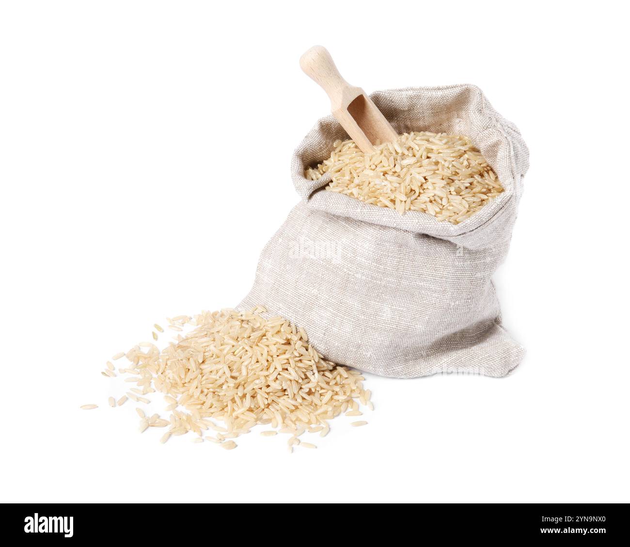 Raw rice in burlap with scoop isolated on white Stock Photo - Alamy