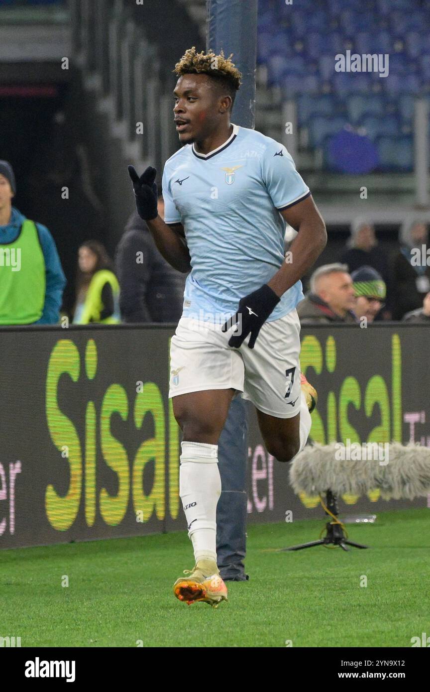 Lazio's Fisayo Dele-Bashiru celebrates after scoring the goal 3-0 ...