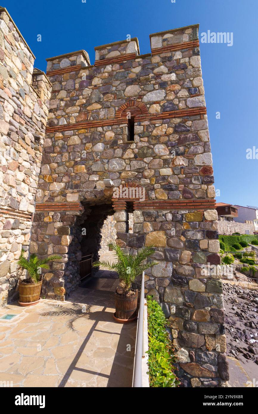 sozopol, bulgaria - aug 09, 2015: southern fortress wall and tower. sunny morning. popular tourist attraction. late antique and medieval town Stock Photo