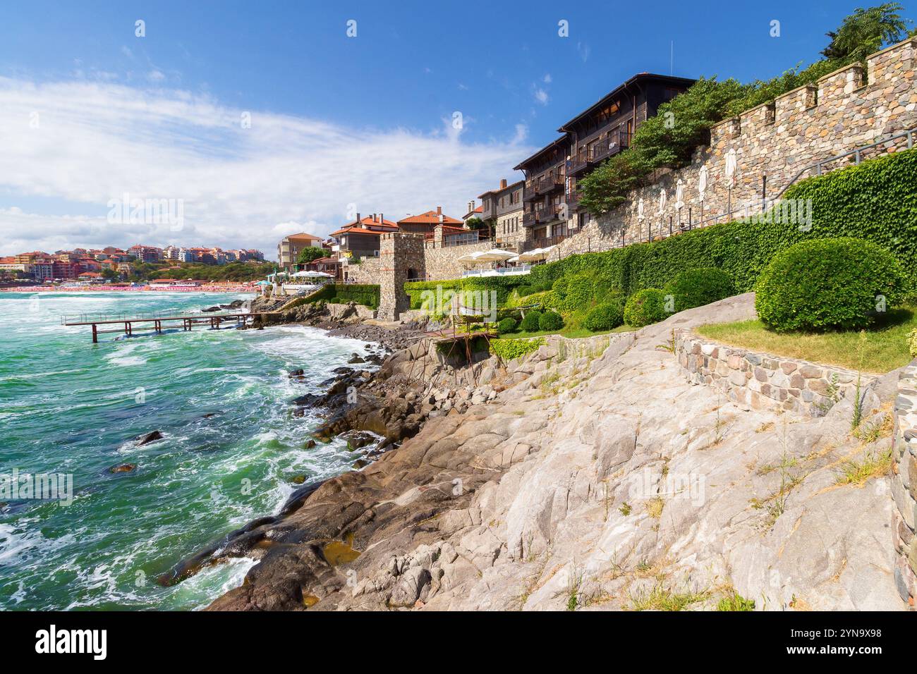 sozopol, bulgaria - aug 09, 2015: southern fortress wall and tower. urban landscape. sunny morning. popular tourist attraction. late antique and medie Stock Photo