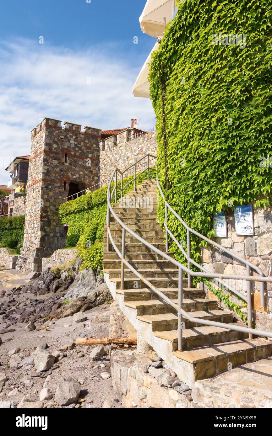 sozopol, bulgaria - aug 09, 2015: southern fortress wall and tower. ancient defense construction. sunny morning. popular tourist attraction. late anti Stock Photo