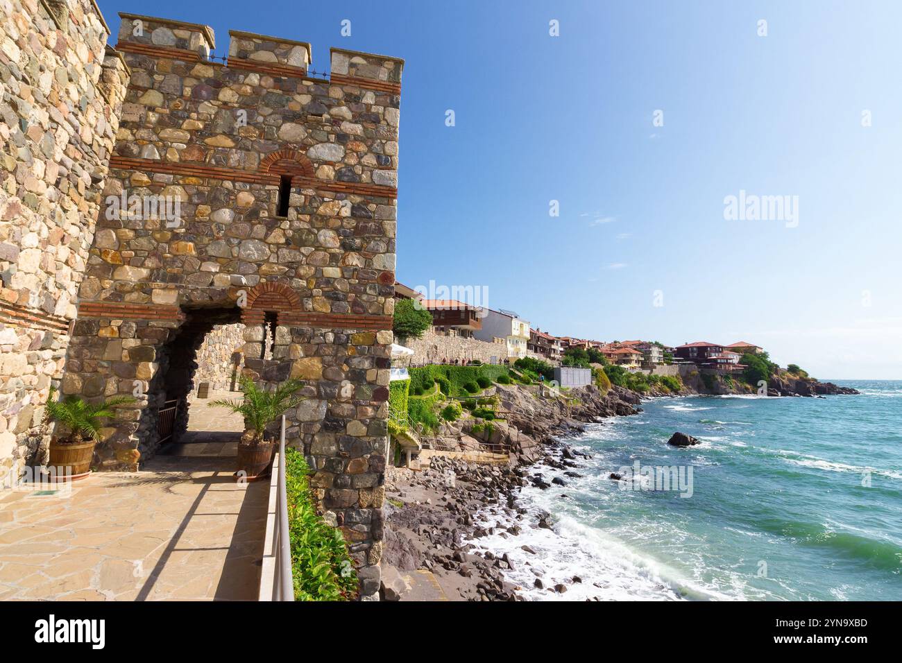 sozopol, bulgaria - aug 09, 2015: southern fortress wall and tower. balkan fort. sunny morning. popular tourist attraction. late antique and medieval Stock Photo