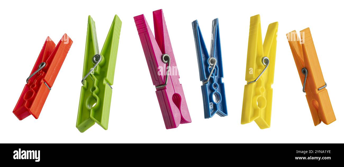 Colorful clothespins on transparent background Stock Photo
