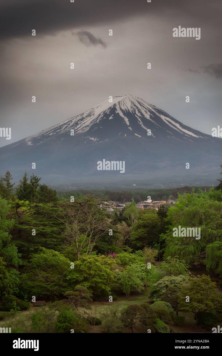 Fuji mountain rounded by gardens and forest Stock Photo