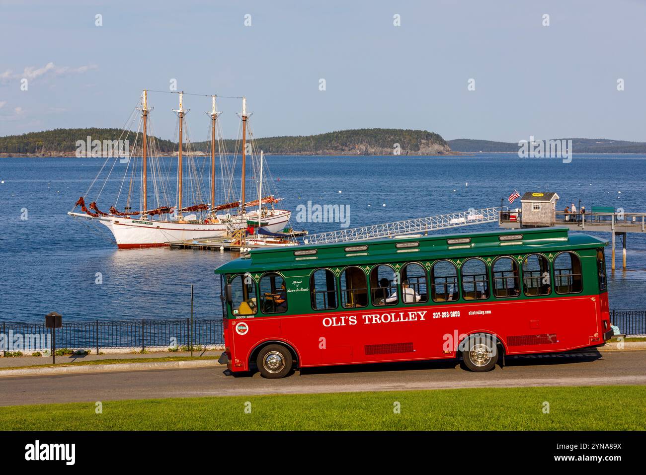 United States, Maine, Bar Harbor, the harbor, Mt Desert narrows, red tourist bus Stock Photo