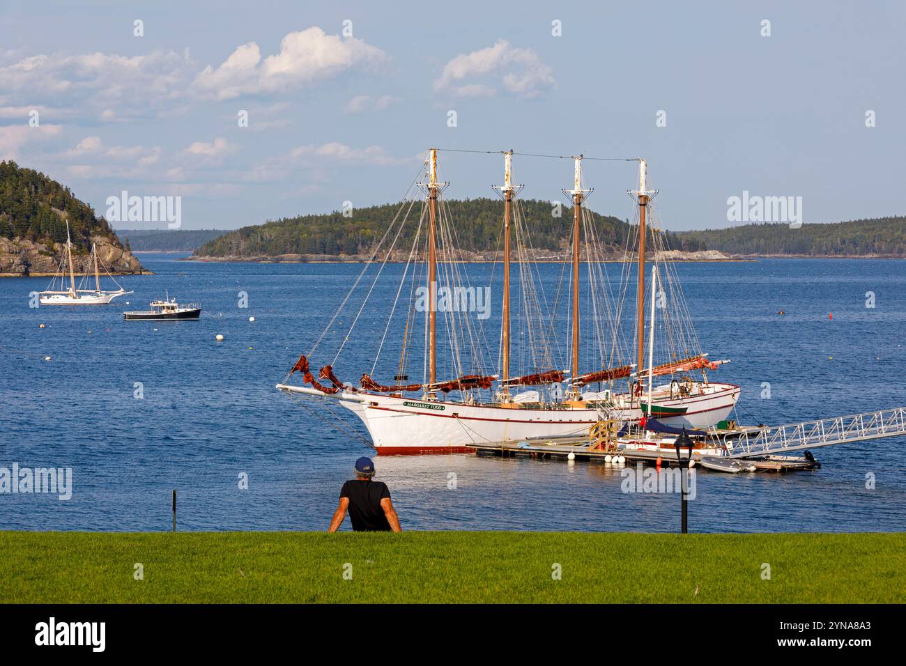United States, Maine, Bar Harbor, Agamont Park, view of the boats in the harbor, the Margaret Todd pleasure boat for excursions Stock Photo