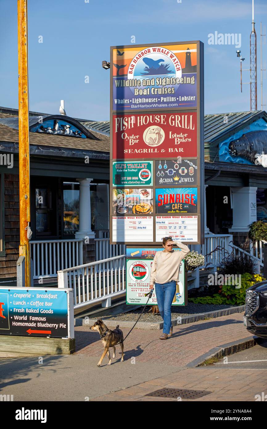 United States, Maine, Bar Harbor, the port, restaurants and shops Stock Photo