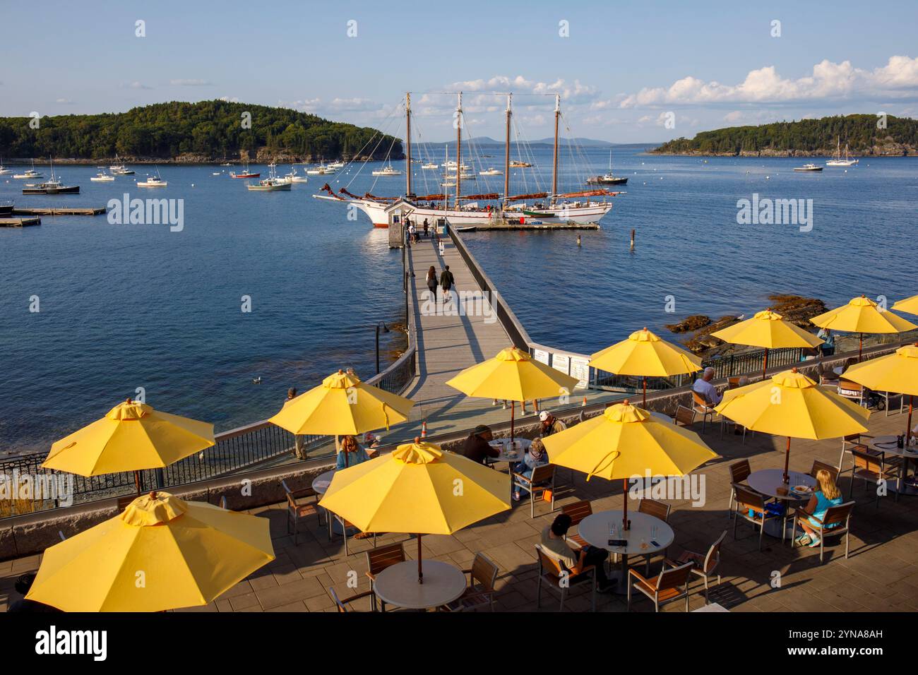 United States, Maine, Bar Harbor, the harbor, the Margaret Todd pleasure boat for excursions, the seaside promenade, the terrace of the Bar Harbor Inn & Spa Stock Photo