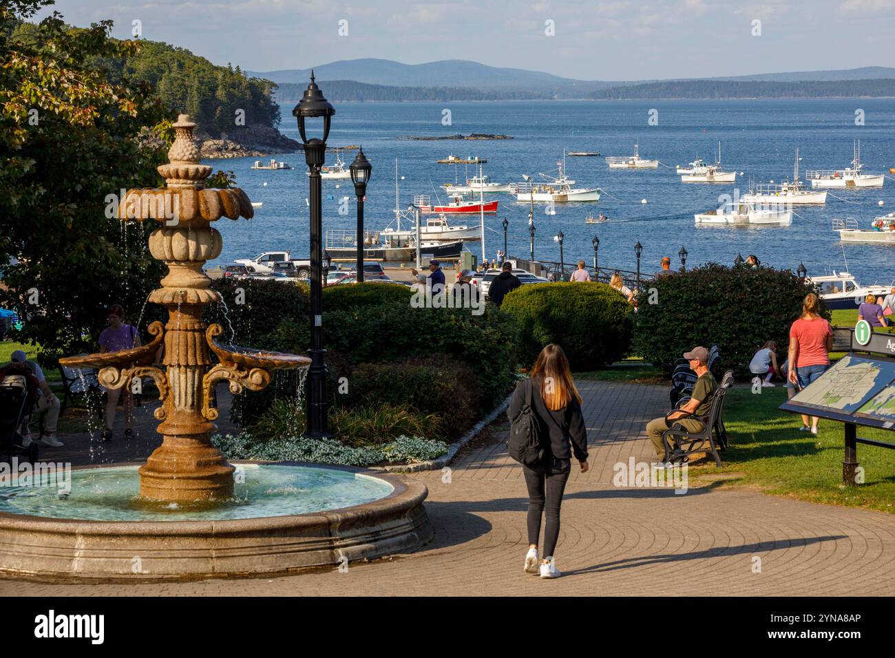 United States, Maine, Bar Harbor, Agamont Park, view of the boats in the harbor Stock Photo
