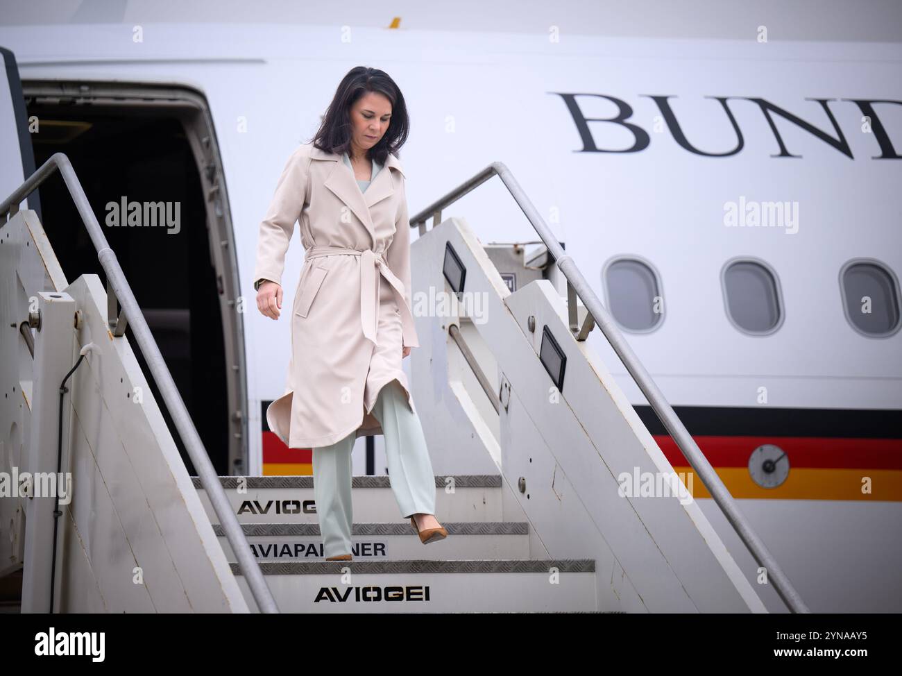 Rom, Italy. 25th Nov, 2024. Annalena Baerbock (Alliance 90/The Greens), Foreign Minister, arrives at Rome-Ciampino airport, from where she will then travel on to the meeting of G7 foreign ministers in Anagni and Fiuggi. Italy will continue to chair the G7 group until the end of the year. In addition to Italy, the group includes the USA, Canada, Great Britain, Japan, France and Germany. Credit: Bernd von Jutrczenka/dpa/Alamy Live News Stock Photo