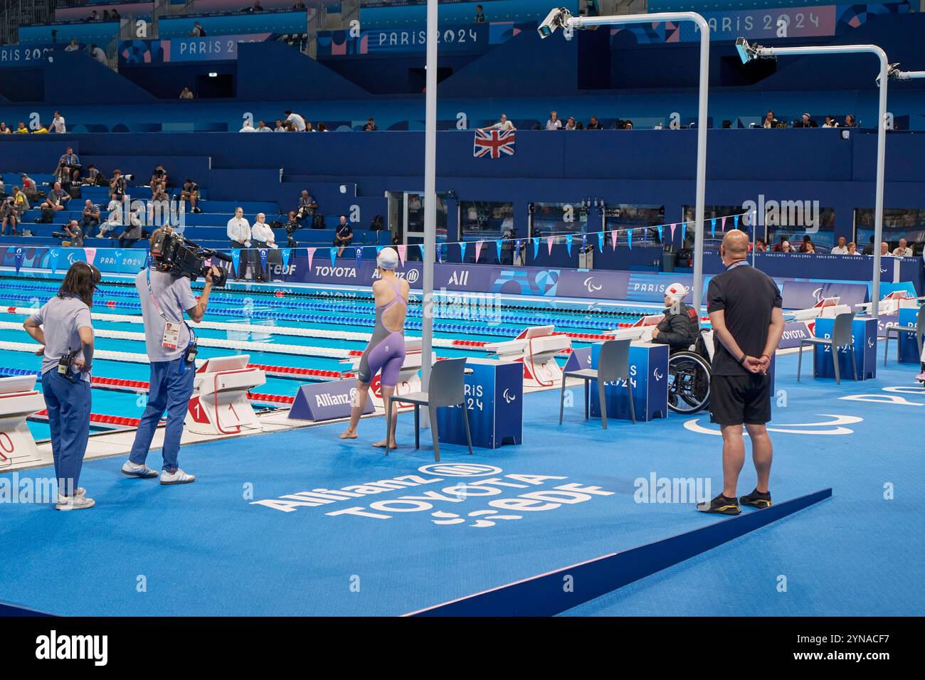 France, Hauts de Seine, La Defense, La Defense Arena swimming pool installed exclusively for the Paris 2024 Olympic and Paralympic Games, para swimming events, woman swimmer with double arm amputee at start Stock Photo