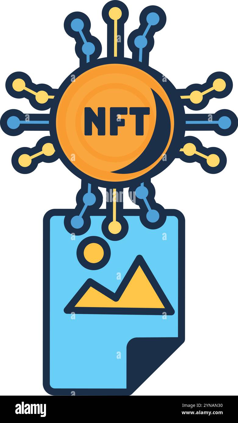 Multi colored NFT photo file. Assigning unique code to image file. Creating secure digital rights to picture ownership. Futuristic cartoon outline vec Stock Vector
