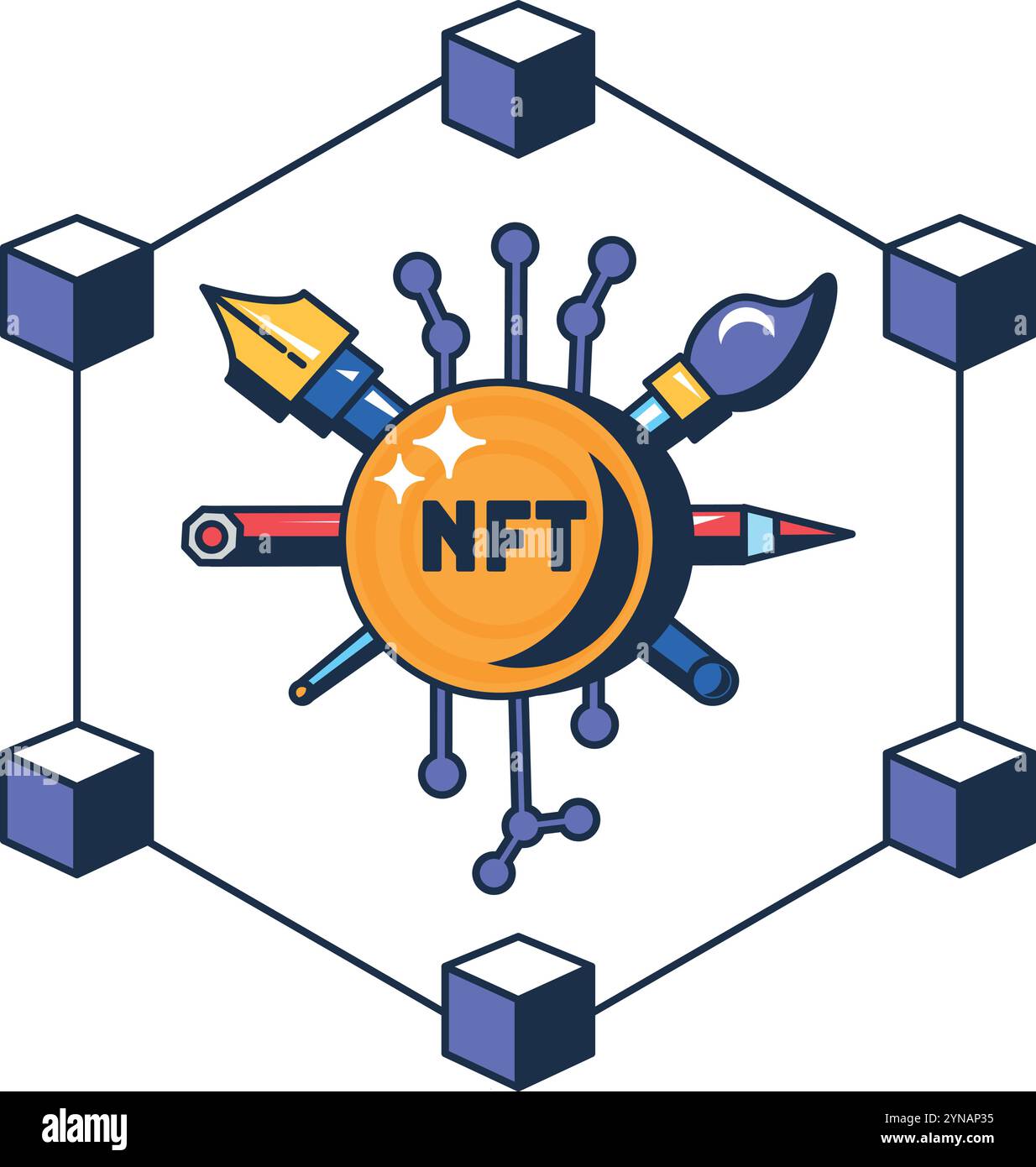 Multi colored assignment of NFT token to work of art. Registration of work of art on blockchain network. NFT trading exchange. Futuristic cartoon outl Stock Vector