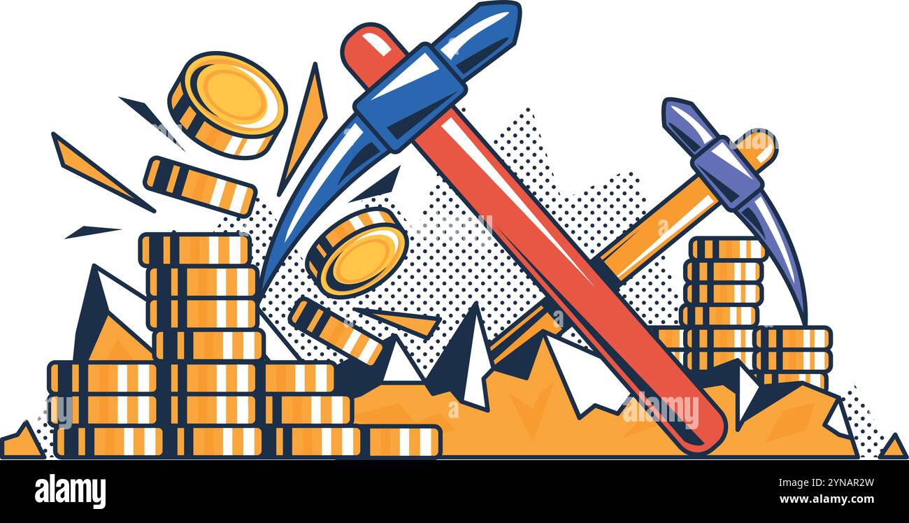 Multi colored conceptual image of Cryptocurrency Mining Pool. Search and collection of digital assets. Joint crypto mining. Futuristic cartoon outline Stock Vector