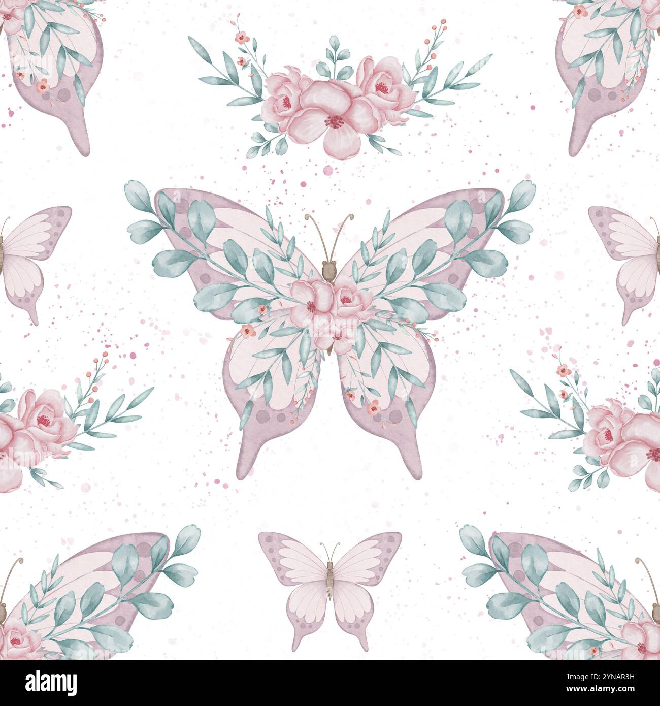 Floral Butterfly with pink Flowers and leaves. Watercolor seamless ...