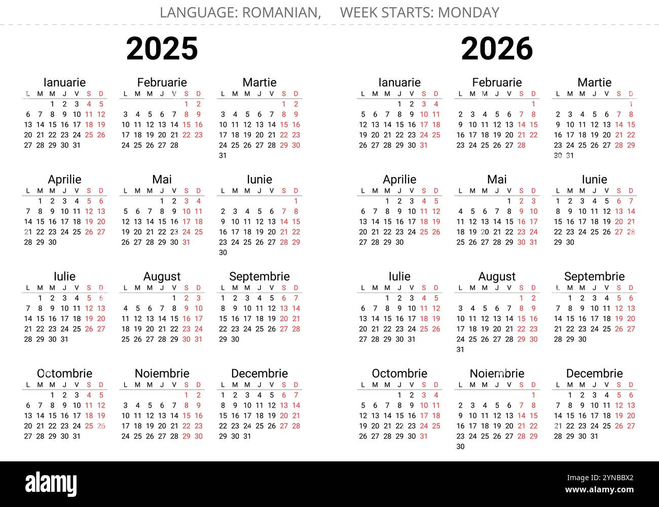 2025 and 2026 year romanian calendars. Vector illustration for Romania