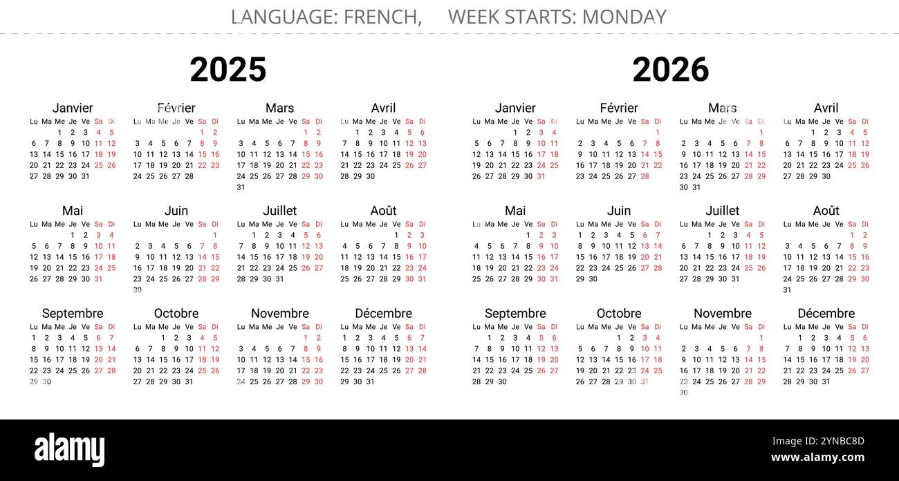 2025 and 2026 year french calendars. Printable vector illustration set