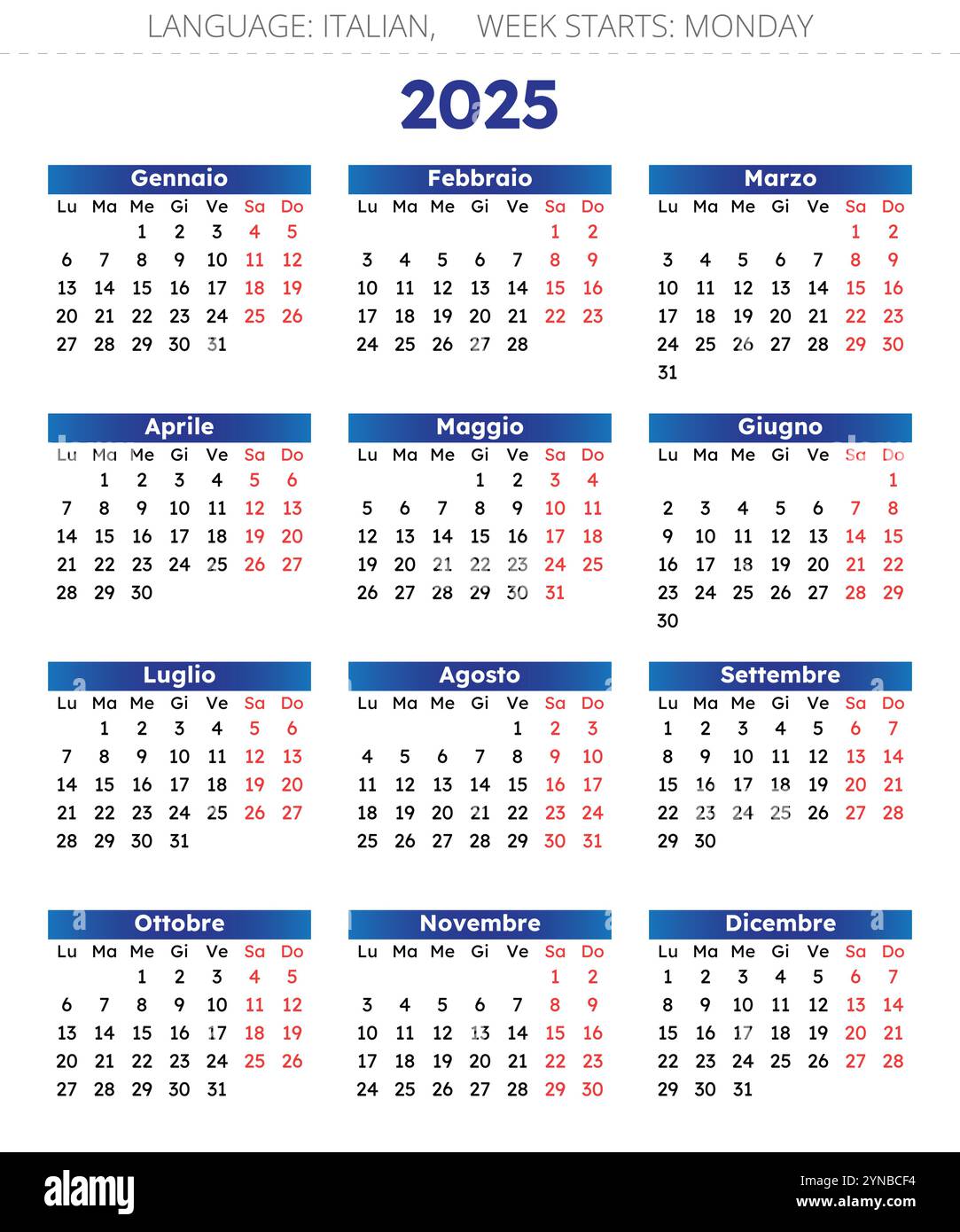 2025 year Italian calendar. Vector illustration for Italy - Calendario