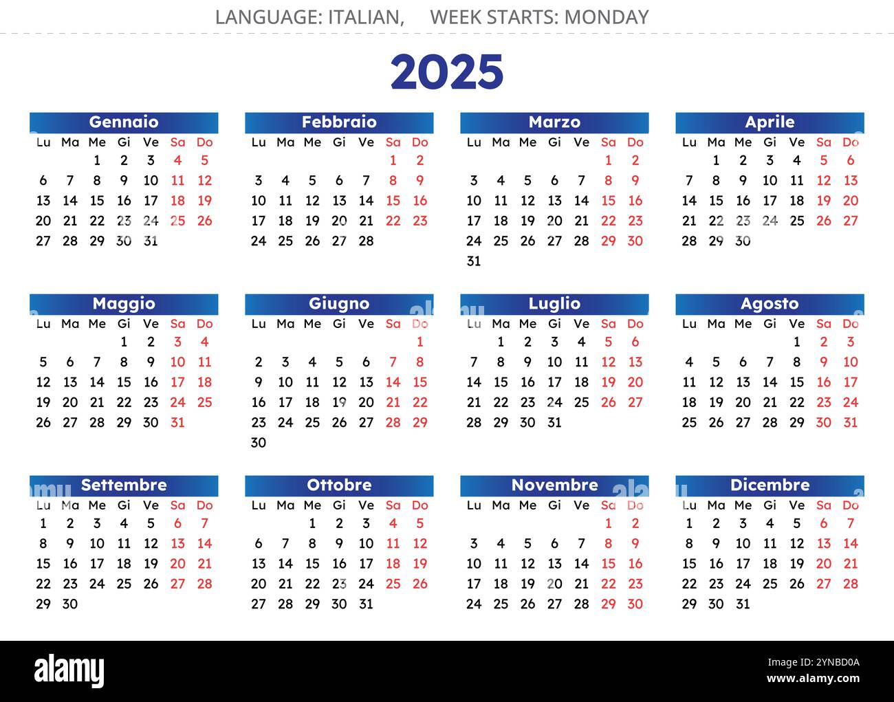 2025 year Italian calendar. Vector illustration for Italy Calendario