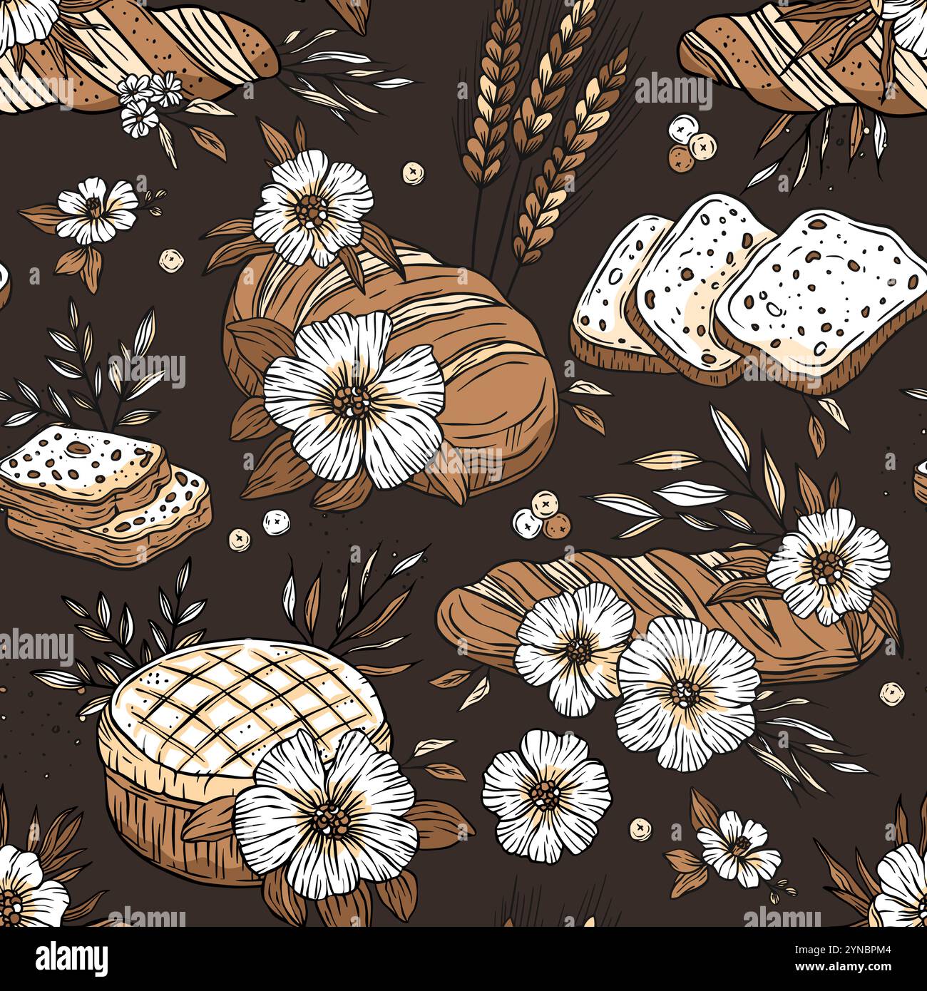 Bread baked goods wheat rustic flowers seamless pattern vector Stock Vector