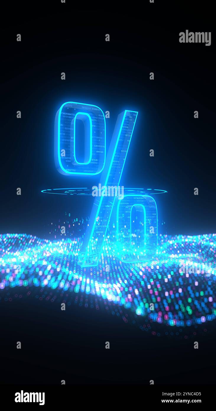 Online Sale Data. 3D illustration. 3D illustration of the blue digital symbol of percent with data matrix. Stock Photo