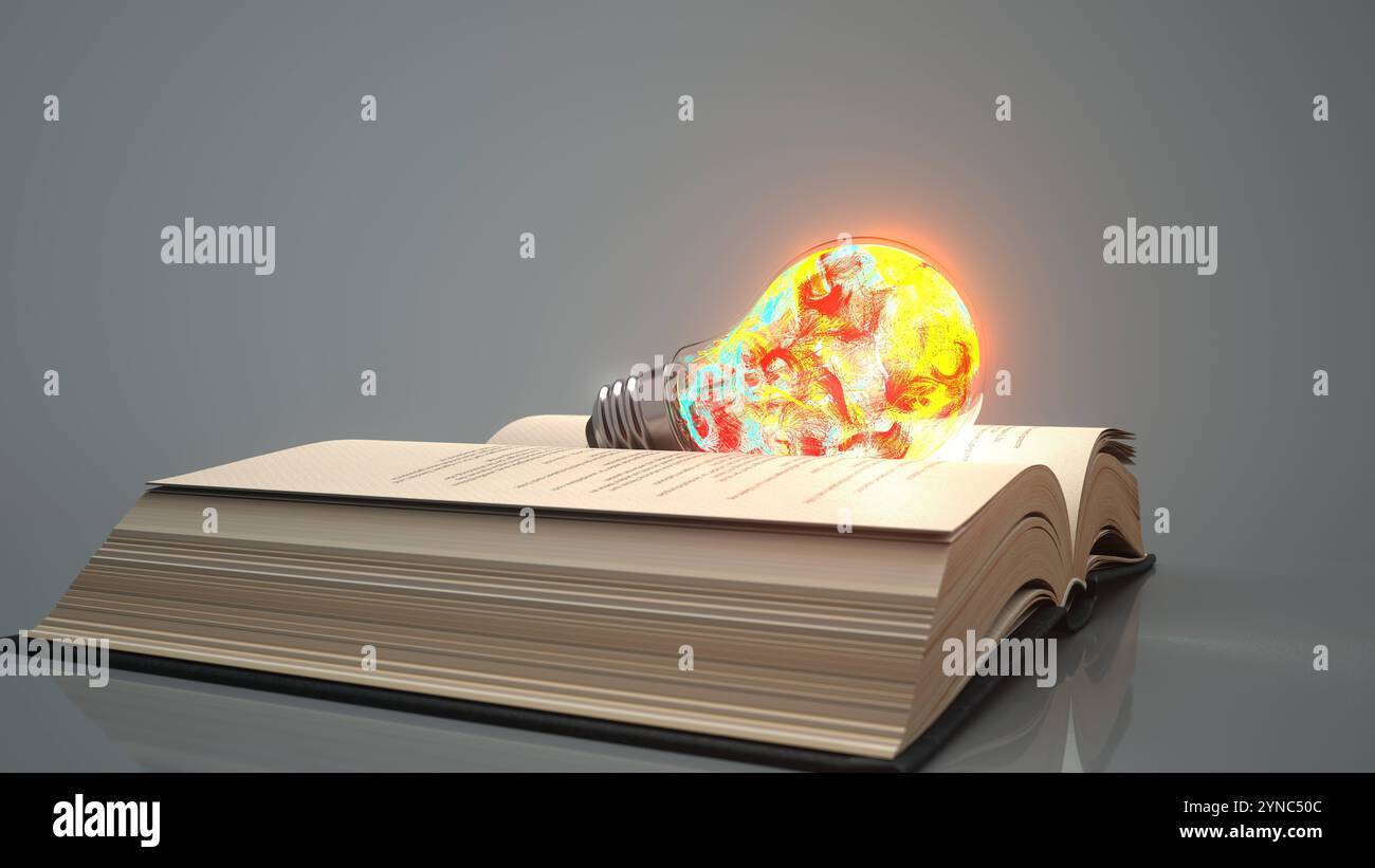 Open Book Glowing Light Bulb - 3D illustration Open book with a glowing ...